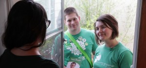 Hugh Thorburn, left, and Sacia Burton, right, door-knocking for the Paul Manly campaign. Photo courtesy the Green Party