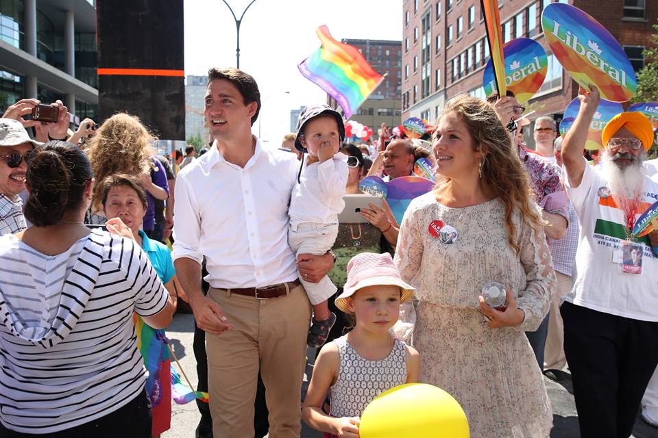 The Trudeaus appear as a family at Montreal’s Pride Parade on August 16. Photo by Adam Scotti, courtesy of Flickr Justin Trudeau.