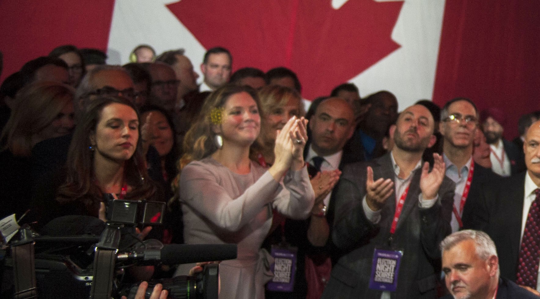 Sophie Grégoire-Trudeau watches her husband, Justin Trudeau, deliver his acceptance speech as Prime Minister Elect. Andrej Ivanov, Photo Editor at The Concordian (CUP).