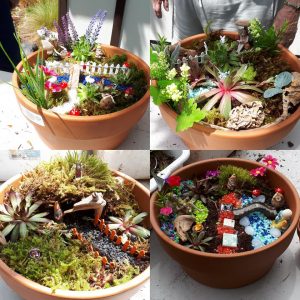 A collage of four mini gardens decorated in flower pots.