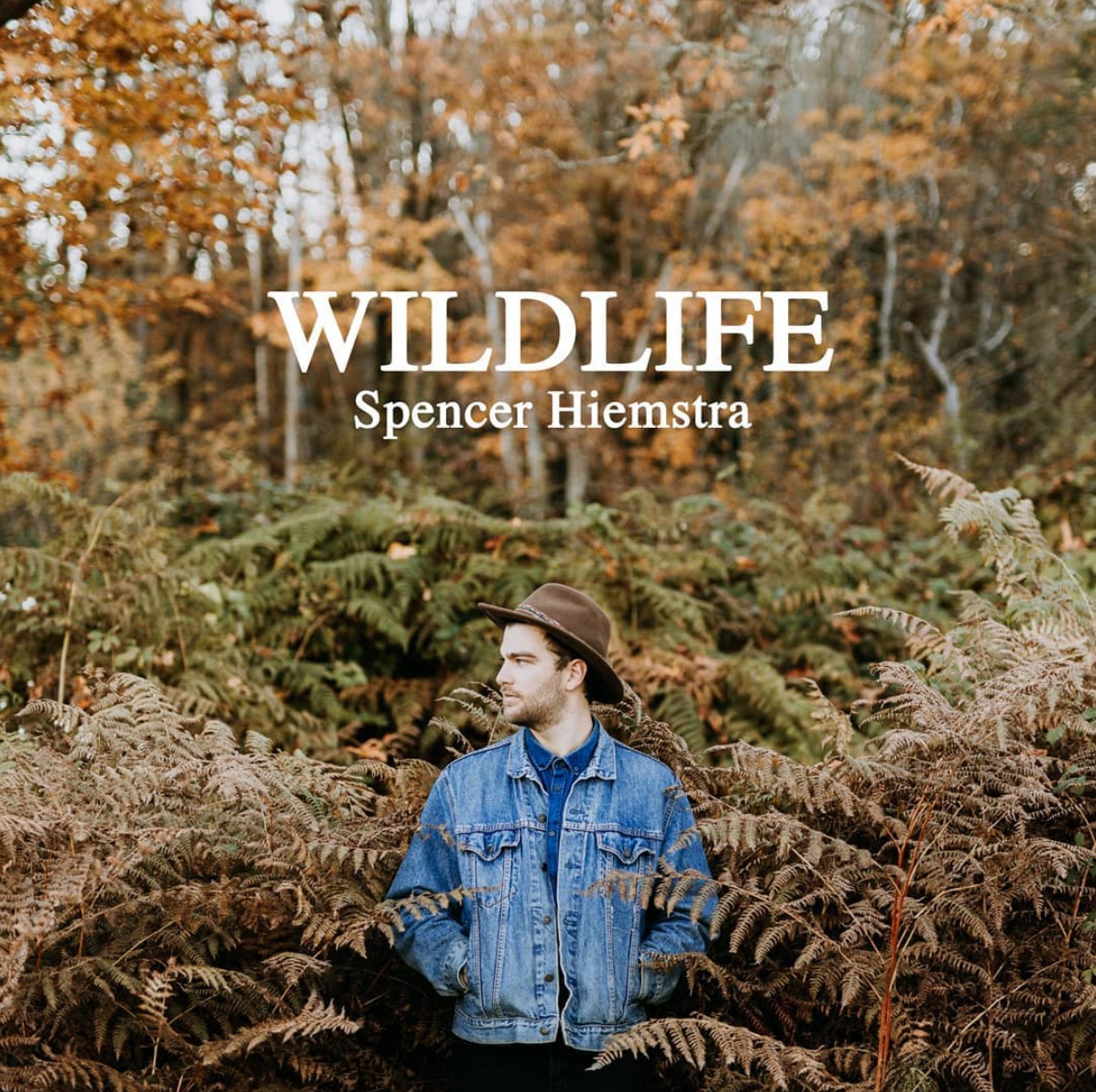 Album cover for Spencer Hiemstra's album Wildlife, pictures Hiemstra standing in a forest with brown and green ferns and orange-leaved trees.