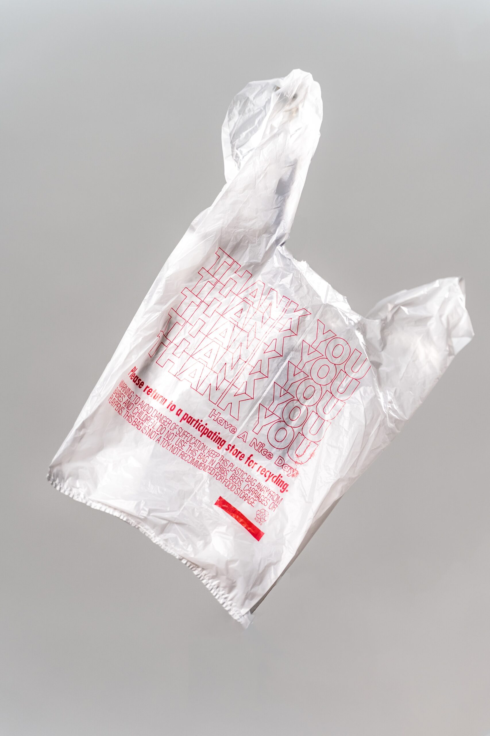 A plastic grocery bag reading "Thank you. Have a nice day."