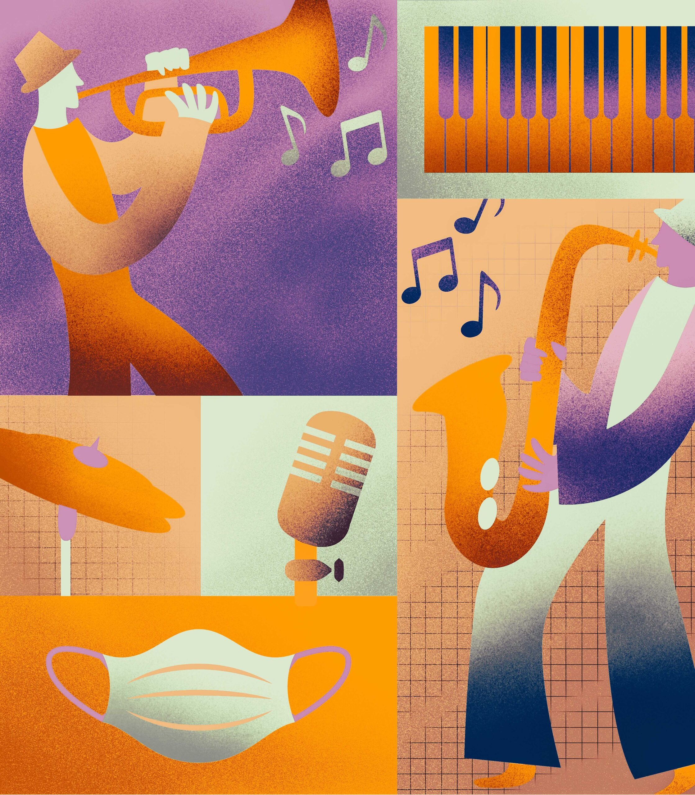 Purple and orange figures play the trumpet and saxophone with music notes floating across the frame. There is a keyboard, symbol, microphone, and mask in smaller boxes in the frame.