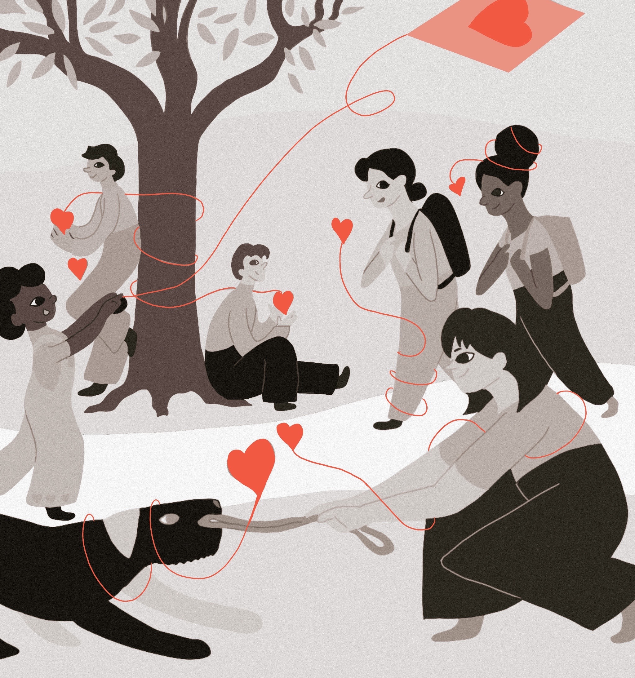 This image contains different people experiencing different forms of love. Hearts with strings wrap around people and the love they are experiencing. There is a child flying a kite, a woman playing fetch with her dog, two girl friends walking together, and two men back to back on a tree.