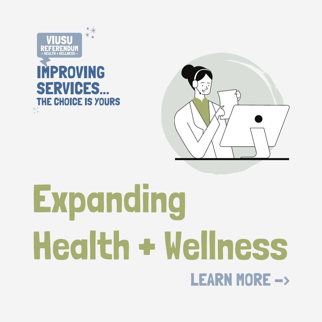 A VIUSU graphic with text "expanding health and wellness" and an illustration of a woman speaking on an online call