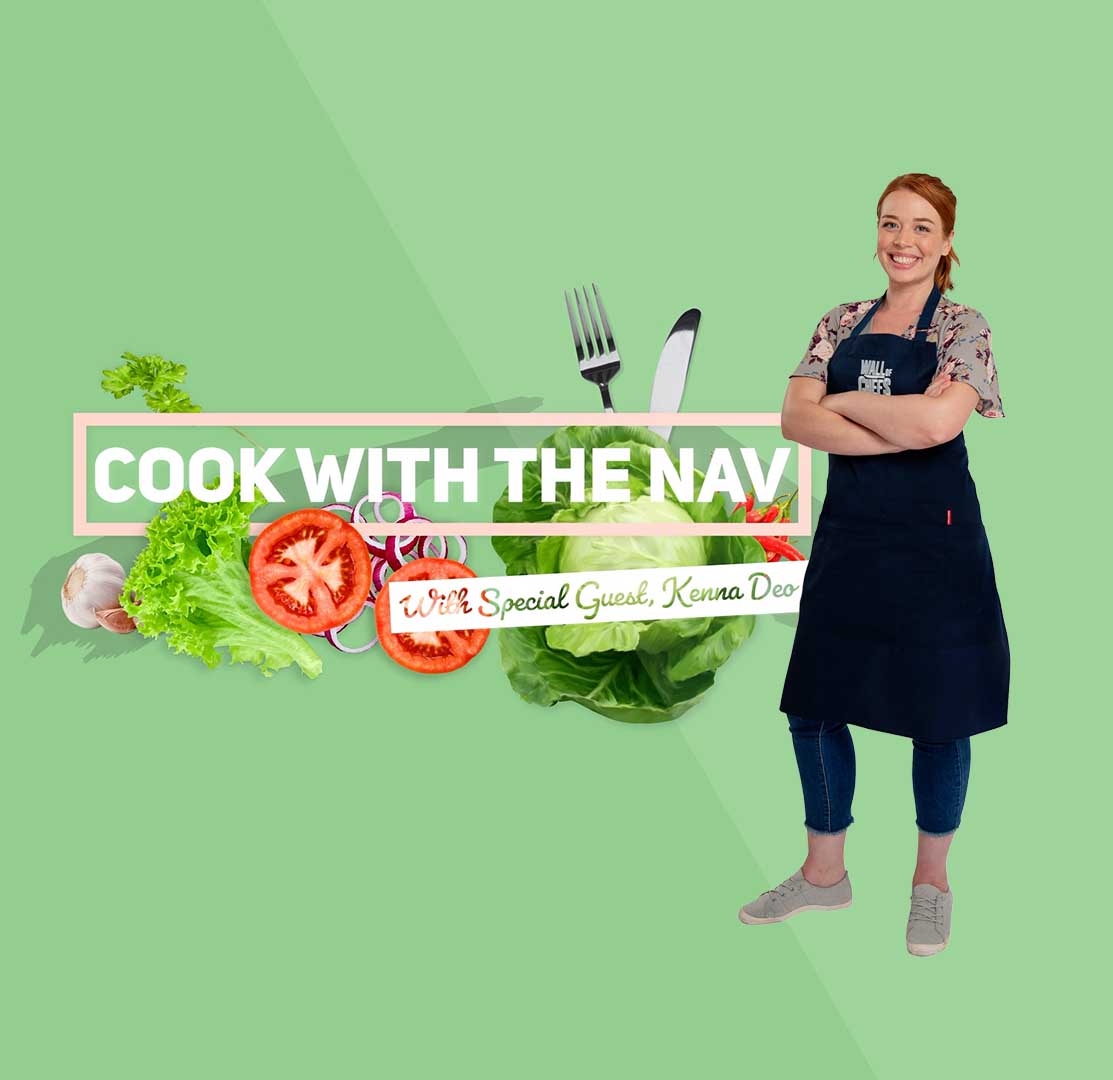 Kenna Deo with a black apron next to white text reading "Cook with The Nav" on a green background