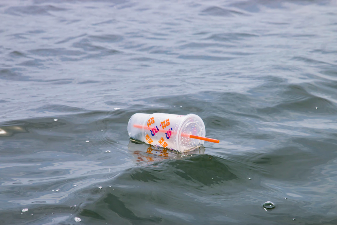 A single plastic drink cup floats on the surface of the water