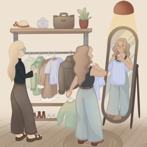 Illustration of two fair-skinned female figures browsing shirts in a thrift store.