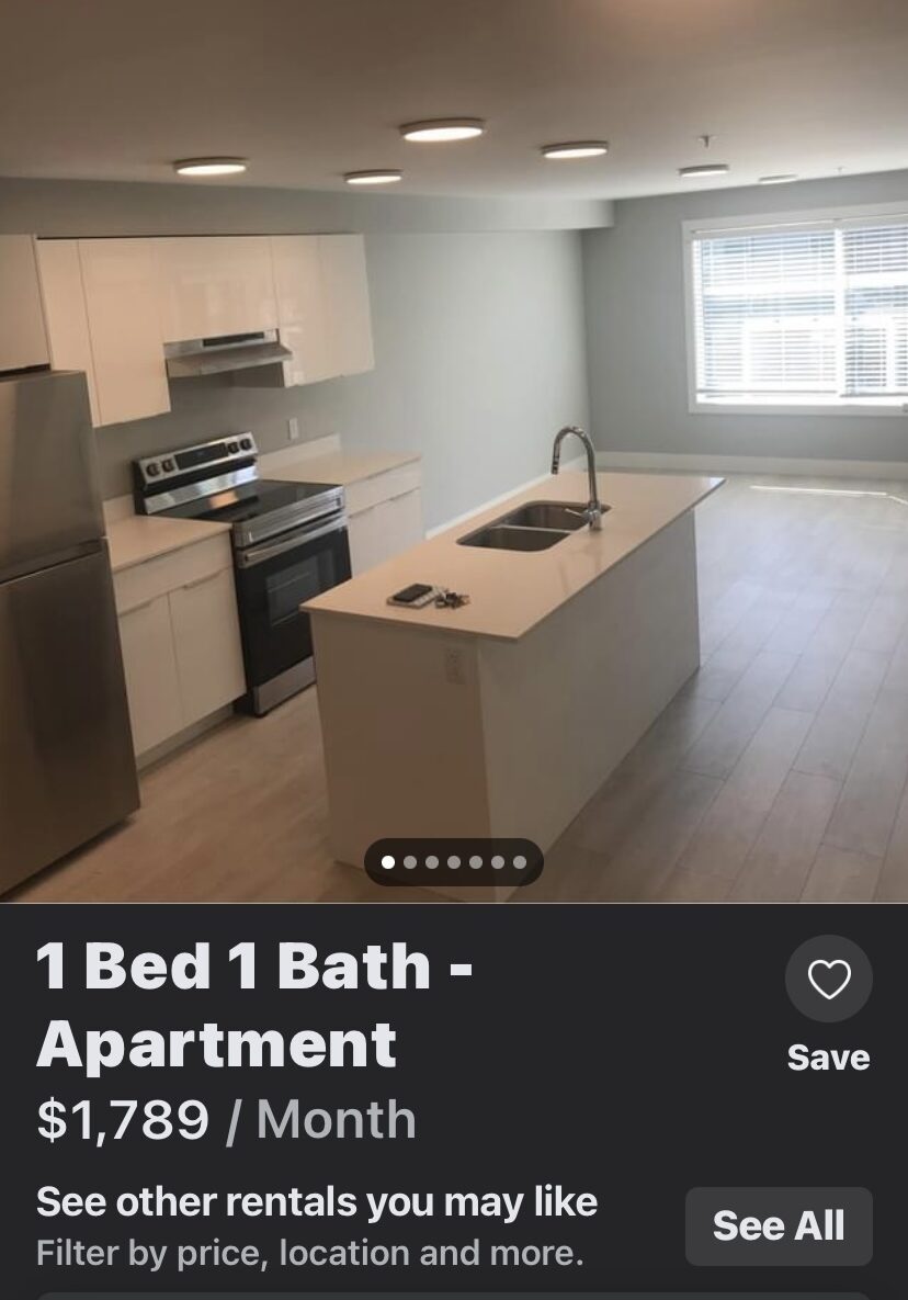 Facebook marketplace listing with photo of kitchen. This 1 bed 1 bath apartment is listed for $1,789 per month.