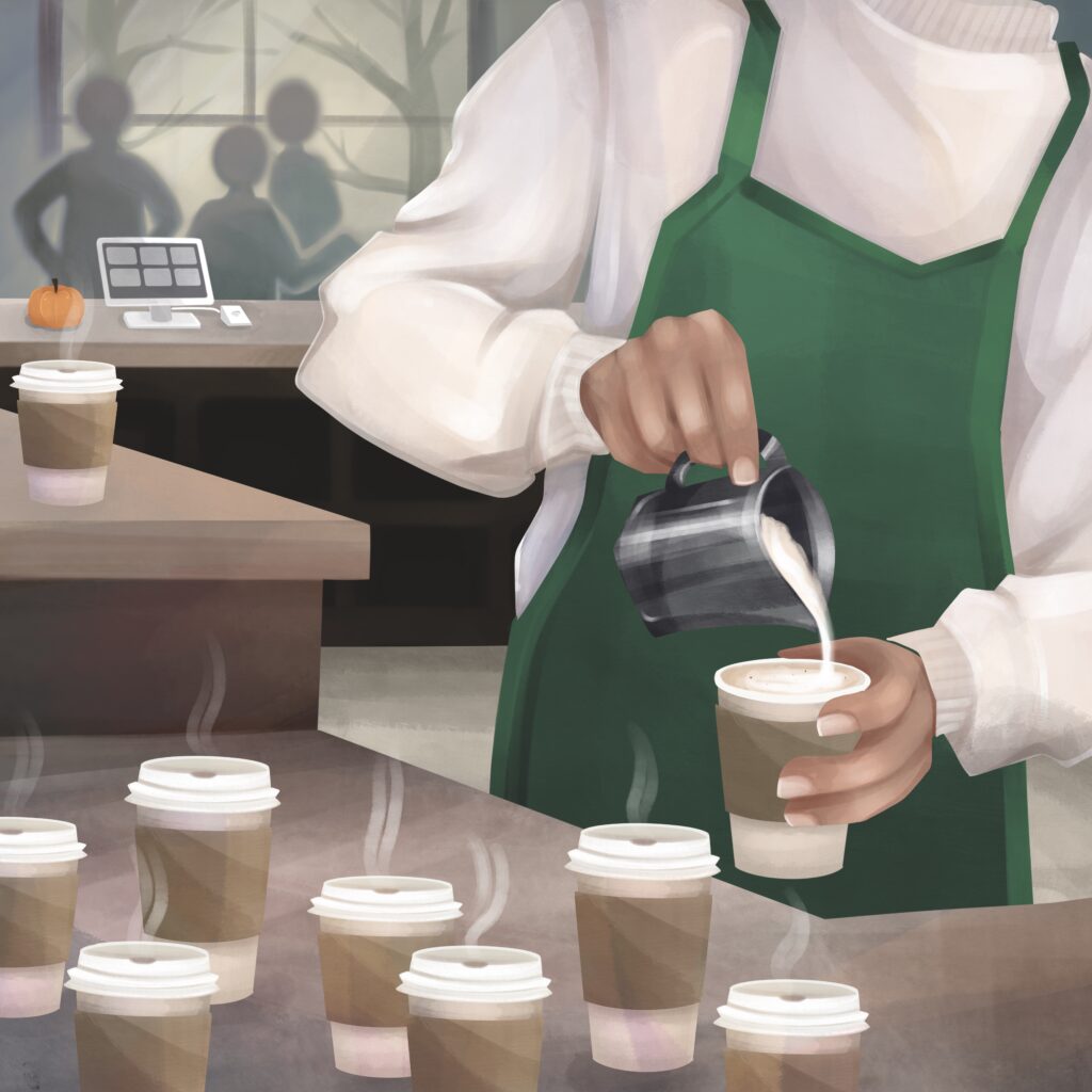 Illustration by Celia Brand: a faceless barista pours hot drinks. A tiny pumpkin sits on the counter in the background.