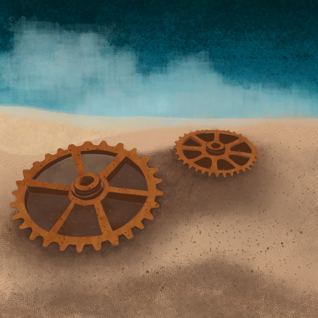 Two cogs in the sand.