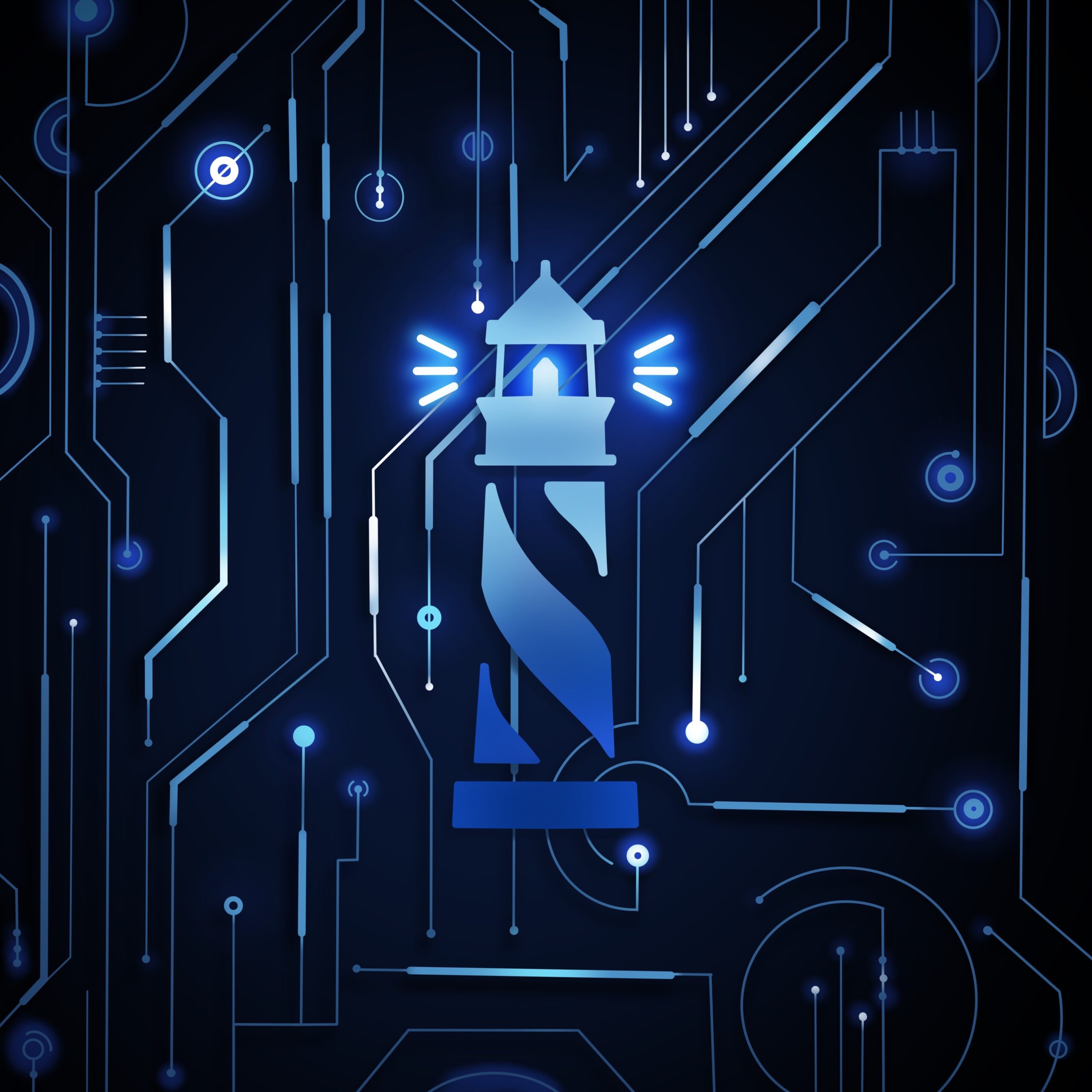 The Navigator logo over a circuit board like design, all in shades of blue.